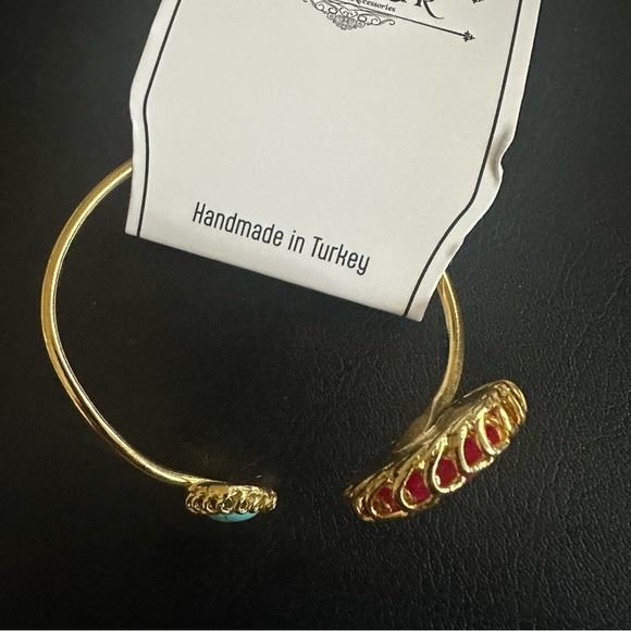 Gold Plated Gemstone Cuff Bracelet – Pink & Turquoise Open Bangle NWT - Picture 6 of 6